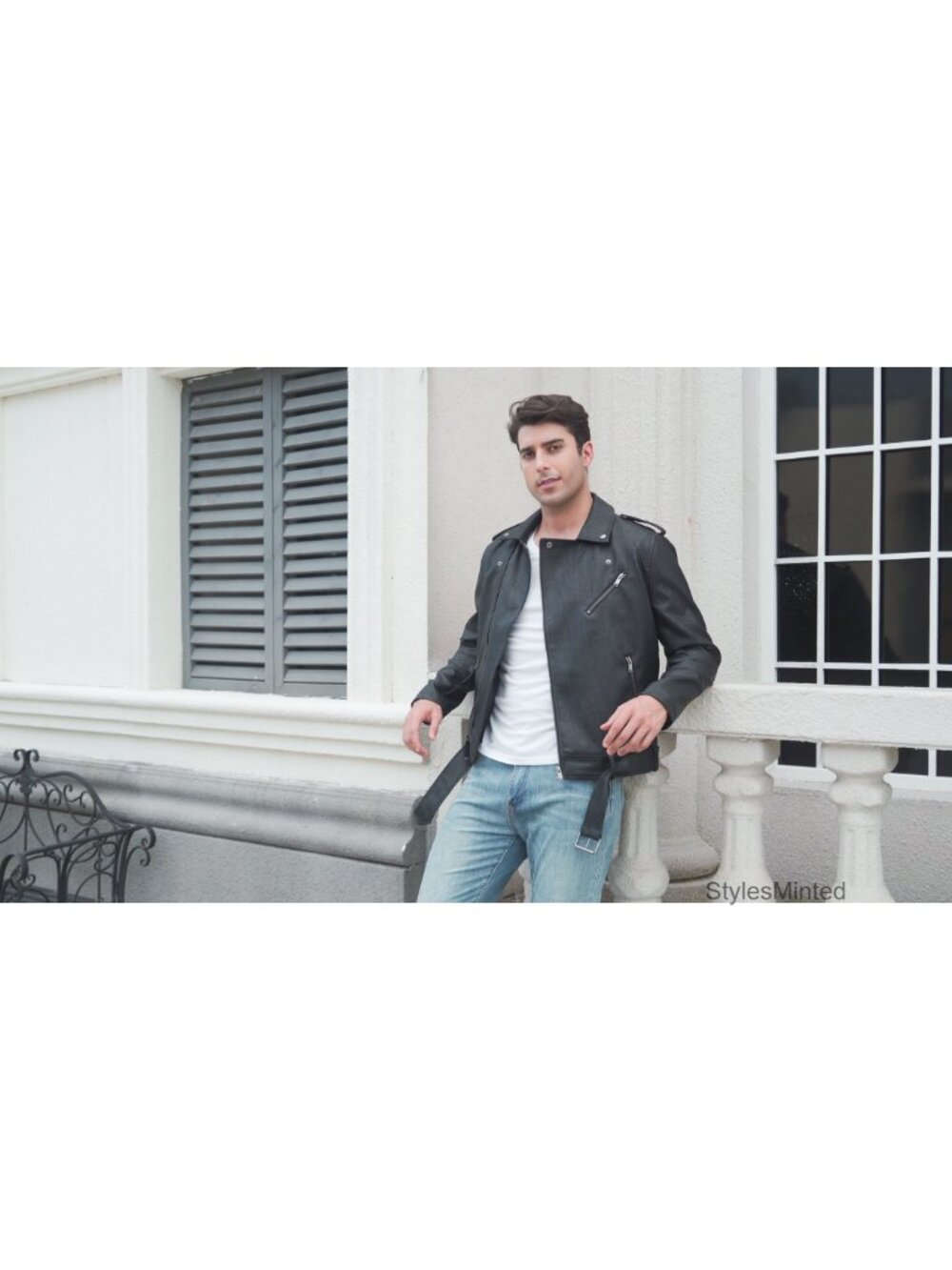 Faux Leather Bomber Jacket Men Motorcycle Lapel Asymmetric Zip-Up Belt Slim Fit - Picture 5 of 5